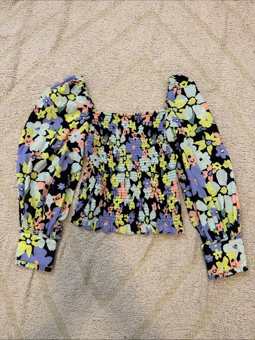 Free People Floral Smocked Crop Top Small Puff Sleeve Cottagecore Blouse
